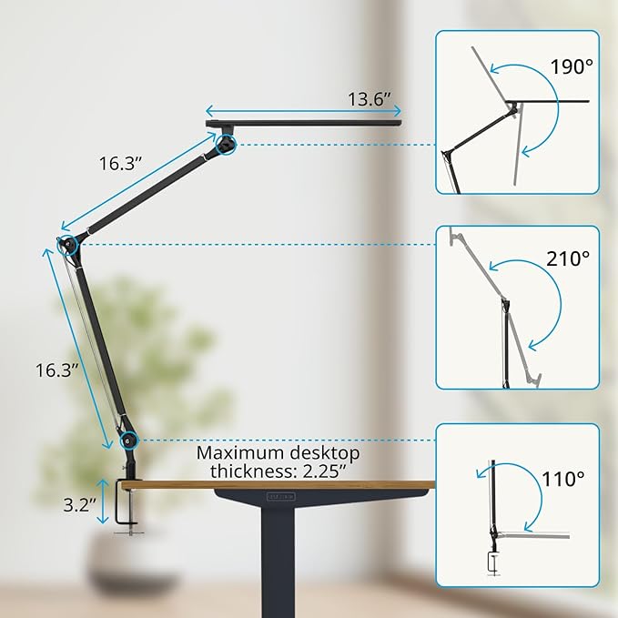 UPLIFT DESK E7 LED Desk Lamp with Clamp - Adjustable 3 Color Modes, Dimmable Black Architect Light for Standing Desk, Home Office, Dual Monitor Computer Work