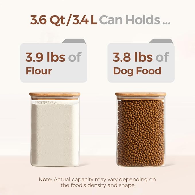 ComSaf 3.6 Qt Glass Food Storage Containers Set of 2, Large Storage Containers with Lids, Square Glass Jars with Lids, for Flour and Sugar, Cereal, Rice, Pasta, Oats, Coffee Beans