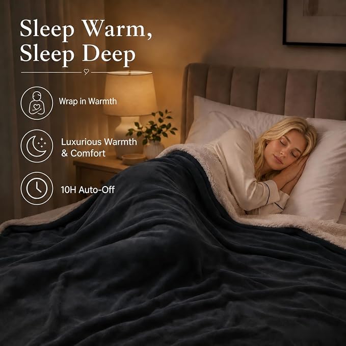 Electric Heated Blanket Full Size 72"x84" – ETL Certified for Safe Overnight, 4 Heat Settings & 10H Auto Off, Dual-Sided Microplush Sherpa for Home Theater Night, Machine Washable – Iron Gray