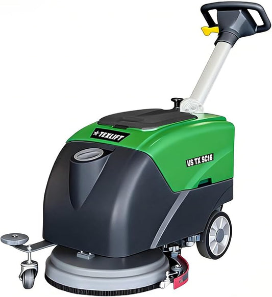 Walk-Behind Commercial Floor Scrubber Machine, 16″ Cleaning Width, Battery Powered Scrubber Dryer with 9 Gal Tank for Warehouse, Retail & Facility Cleaning (US-TX-SC16)