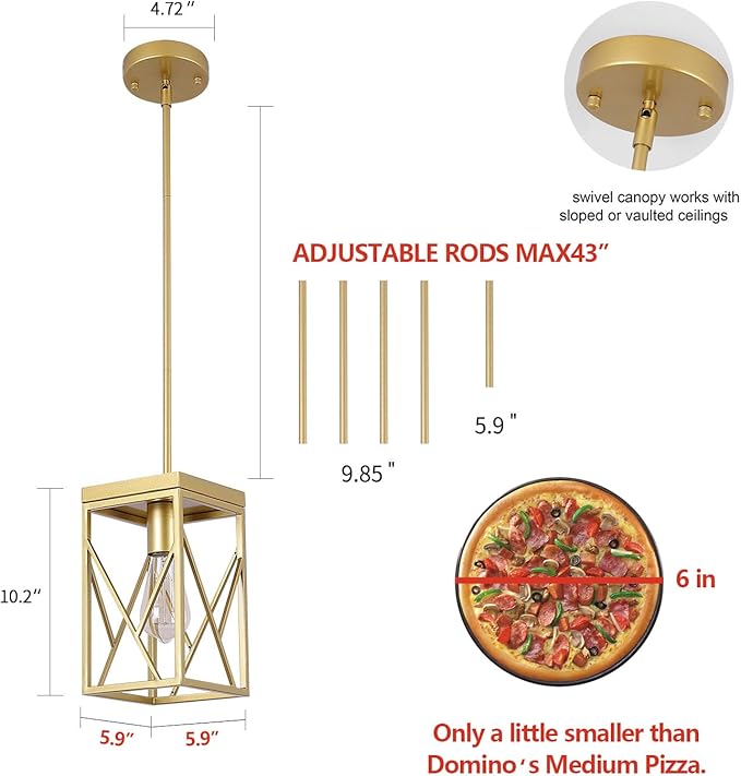 Fivess Lighting Modern Gold Pendant Light with Metal Cage, One-Light Adjustable Rods Mini Pendant Lighting Fixture for Kitchen Island Cafe Bar Farmhouse