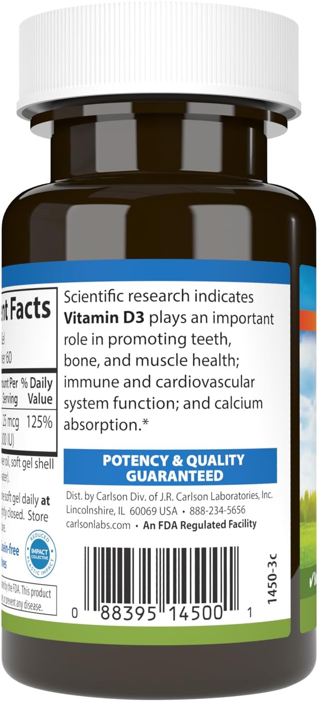 カールソン - ビタミンD3、1000IU（25mcg）、骨の健康、筋肉の健康、コレカルシフェロール、ビタミンDサプリメント、ビタミンD3ソフトジェル、60ソフトジェル