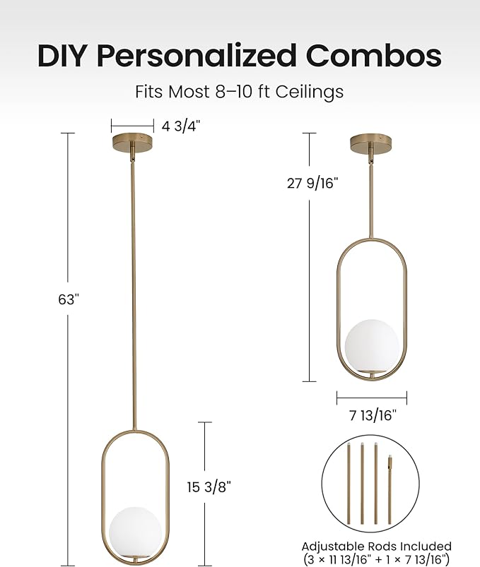 Yunnix Pendant Lights Kitchen Island, Pendant Light Fixtures, Modern Champagne Bronze Globe Glass Pendant Lighting, Mid Century Chandelier One Light for Bathroom Bedroom Dining Room