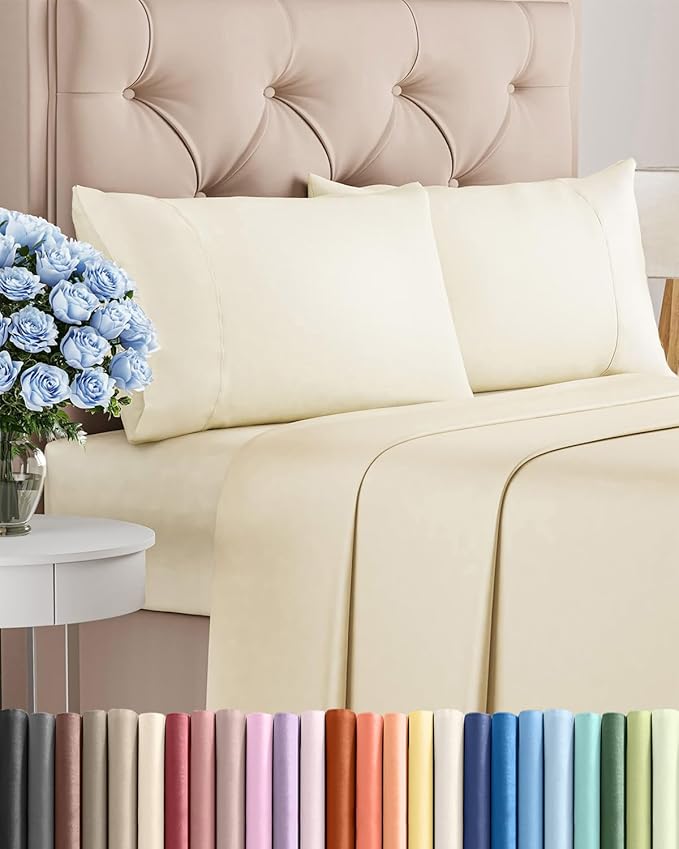 Twin 4 Piece Sheet Set - Comfy Breathable & Cooling - Ultra-Soft Hotel Luxury Bedding Set with 8-16 Inch Deep Pockets - 1 Flat & 1 Fitted Sheet & 2 Pillowcases - Wrinkle Free & Easy Care - Off White