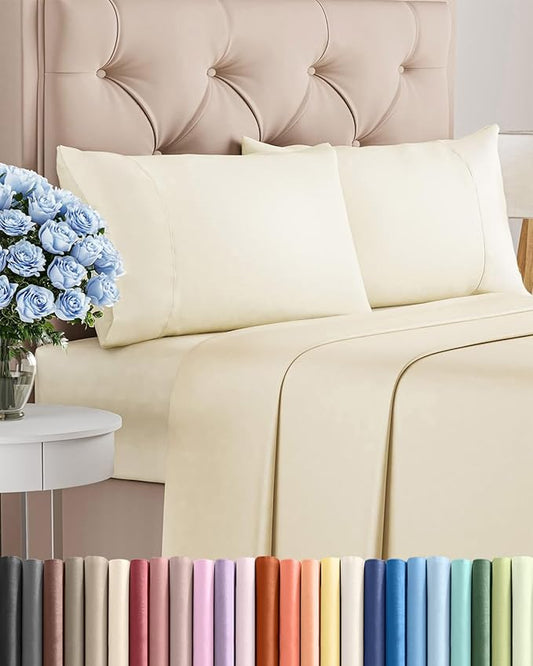 Twin 4 Piece Sheet Set - Comfy Breathable & Cooling - Ultra-Soft Hotel Luxury Bedding Set with 8-16 Inch Deep Pockets - 1 Flat & 1 Fitted Sheet & 2 Pillowcases - Wrinkle Free & Easy Care - Off White
