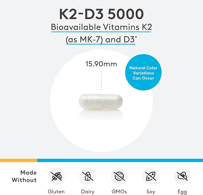 XYMOGEN K2-D3 5000 - Vitamine D3 K2 - Vitamine D hautement biodisponible 5000 UI (Cholécalciférol) avec MK-7 - Soutien cardiovasculaire, artériel, osseux et immunitaire (120 capsules)