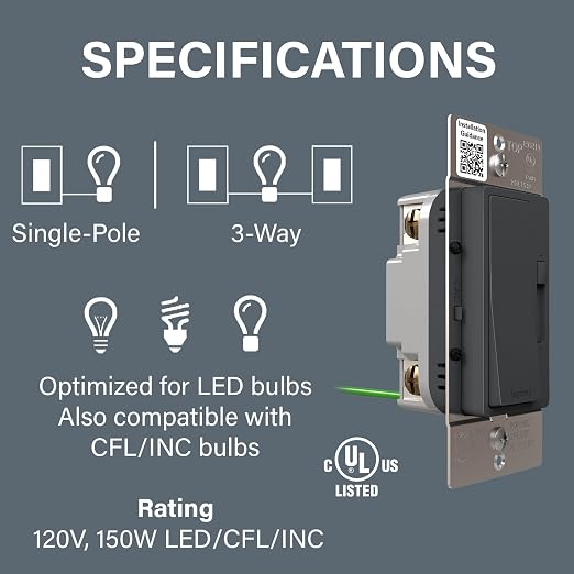 Legrand Radiant 150-Watt Dimmer Light Switch, Single-Pole/3-Way LED Dimmer for Dimmable Lights, RHL153PG, Graphite
