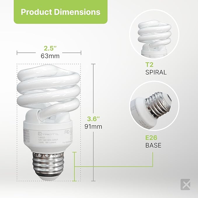 Xtricity Compact Fluorescent Light Bulbs T2 Spiral, E26 Base, 13W (60W Equivalent), 4100k Cool White, 900 Lumens, CFL, 120V - UL Listed, (8 Pack)
