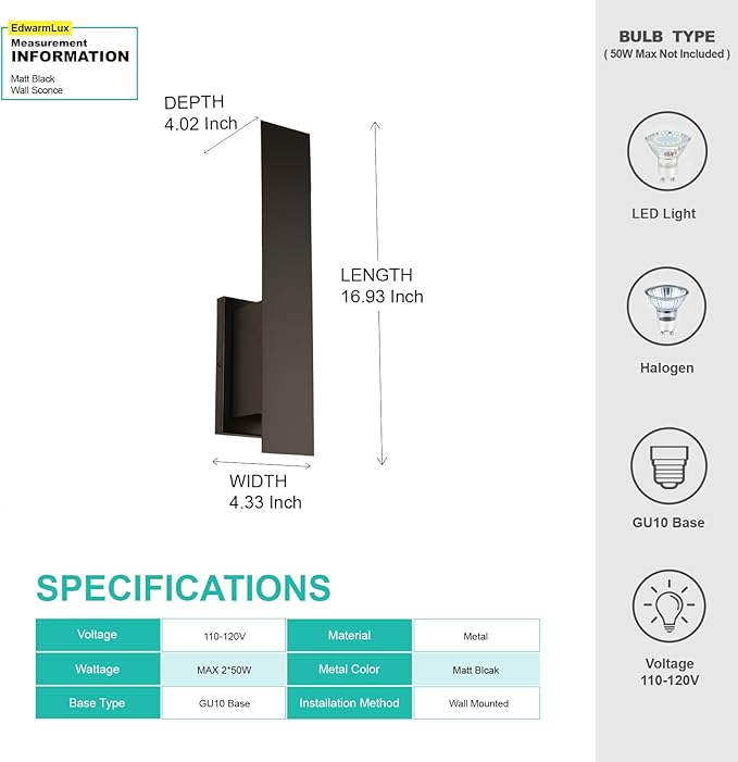 Edwarmlux Indoor Wall Sconces, Modern Wall Lights, Up and Down Wall Mount Light, Dimmable Hardwired Wall Light for Bedroom, Living Room, Hallway, GU10 Bulbs Excluded (Matt Black)