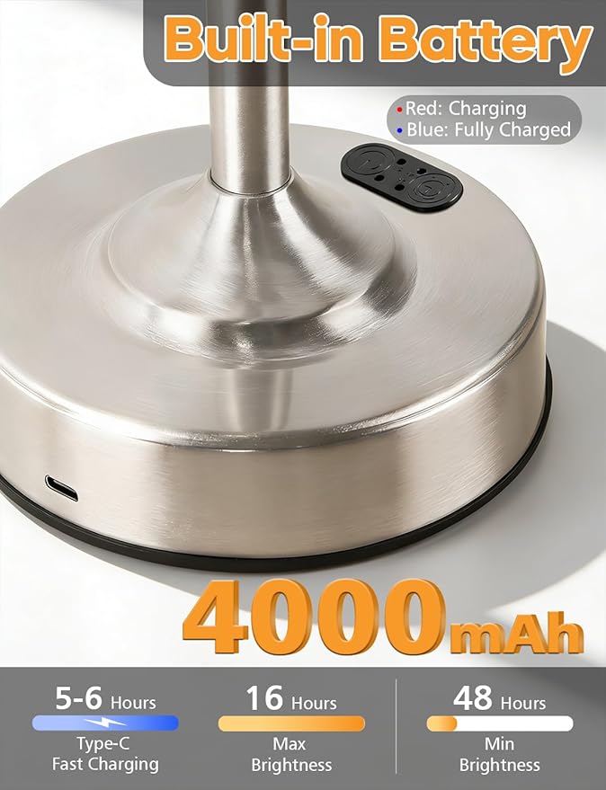 Height Adjustable Cordless Table Lamp with 2H/4H/6H Timer, Rechargeable Battery Operated Lamp Dimmable, Portable Battery Lamp for Camping Restaurant, Brushed Nickel LED Wireless Lamps, Bulb Included