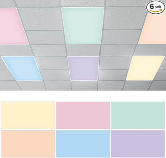 QOUBAI 6 Pcs Fluorescent Light Covers with 60 Magnets,4 x 2 Ft Magnetic Light Filters Colorful Fluorescent Lights Shade Easy Install for Classroom Office Library Hospital Home Ceiling Solid Color