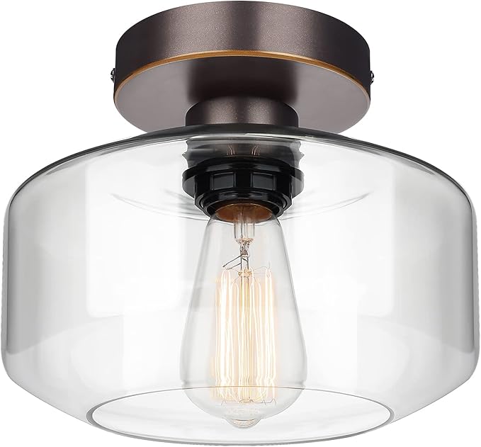 MAXvolador Industrial Semi Flush Mount Ceiling Light, Clear Glass Pendant Lamp Shade, Oil Rubbed Bronze Farmhouse Lighting, Hanging Light Fixture