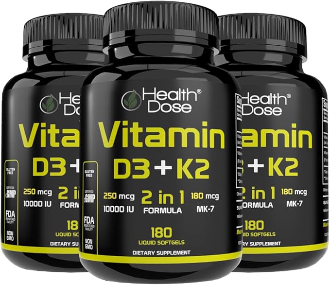 Health Dose Vitamine D3 10 000 UI + K2 (MK7) Supplément, Formule 2-en-1, Soutien Immunitaire, Humeur Saine, Santé Cardiaque, Articulaire, Dentaire, Osseuse, Absorption du Calcium, 180 gélules. (3)