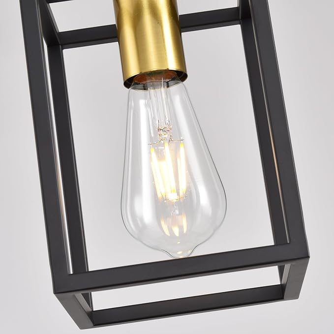 Black Pendant Lights for Kitchen Island Industrial Lantern Pendant Light Fixtures with Golden lamp Cup, Farmhouse Adjustable Height Hanging Pendant Lighting