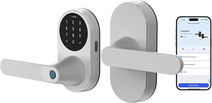 Aqara Smart Lock U300 Upgraded Version, Fingerprint Keyless Entry Door Lock with Handle, Matter Over Thread, Apple Home Keys, Touchscreen Keypad, Smart Lever Lock Supports Homekit Alexa Google, Silver