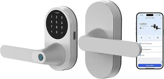 Aqara Smart Lock U300 Upgraded Version, Fingerprint Keyless Entry Door Lock with Handle, Matter Over Thread, Apple Home Keys, Touchscreen Keypad, Smart Lever Lock Supports Homekit Alexa Google, Silver