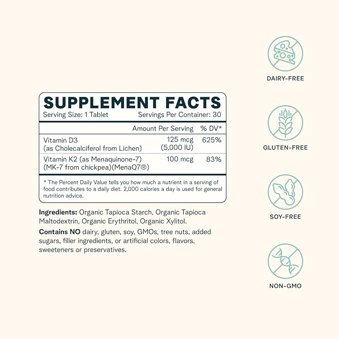 Ora Organic Vitamine D3 5000 UI + K2 - Vitamine D végétalienne issue du lichen et K2 issue des pois chiches pour la santé des os, le soutien immunitaire et l'humeur, absorption maximale - Fourniture d'un mois, 30 comprimés à croquer