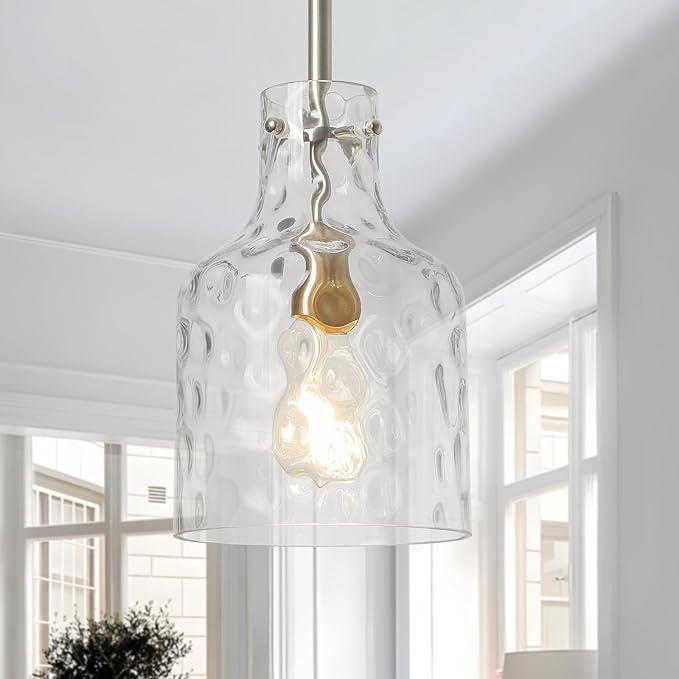 WILON Modern Glass Pendant Lighting for Kitchen Island, Farmhouse Pendant Lights for Dining Room Kitchen Sink, Adjustable Hanging Ceiling Light 7" Hammered Glass Shade, Brushed Nickel Metal Finish