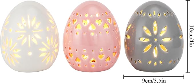 JHY DESIGN Set of 3 Ceramic Decorative Lamp 4" H Mood Lamp Battery Powered Floral Carved Cordless Light Great for Living Room Bedroom Weddings Parties Patio Events (Egg)