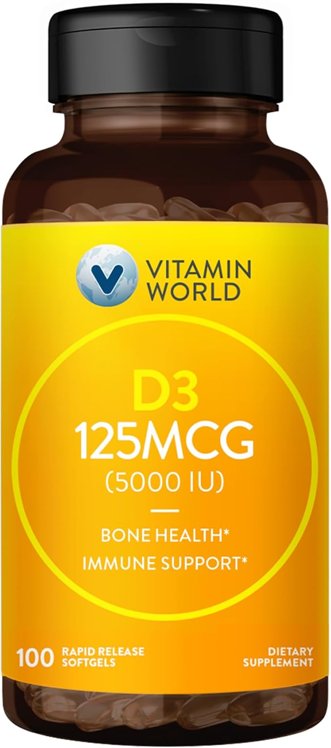 Vitamin World Vitamin D3 5000 IU 100 Softgels, Mega-Potency, Bioavailable, Promotes Bone Health, Helps Support Immune System, Rapid-Release, Gluten Free