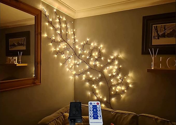 LKGOOD Vines for Room Decor with Remote Control On/Off Timmer Dim,7.5FT Artificial Plants Tree Willow Vine Lights Plug in 144 LEDs for Walls Bedroom,Living Room,Indoor Home Decoration(Brown)