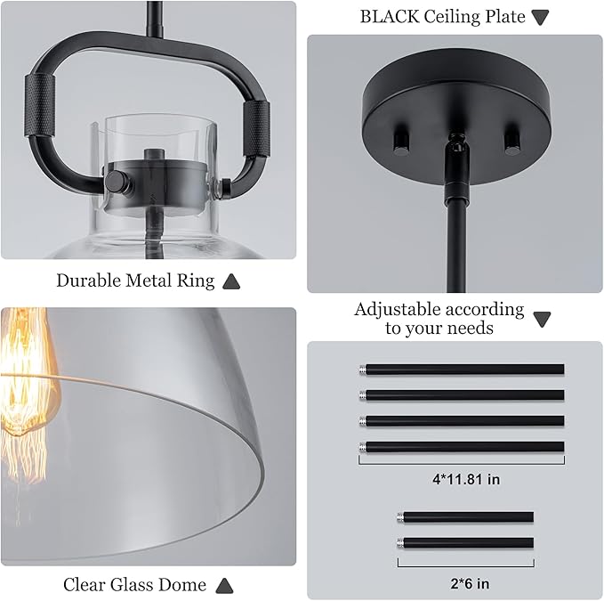 14'' Glass Pendant Light Fixture, 1-Light Modern Large Pendant Lights Kitchen Island, Adjustable Cord Farmhouses Black Island Lighting for Kitchen Bedroom Dining Room, E26