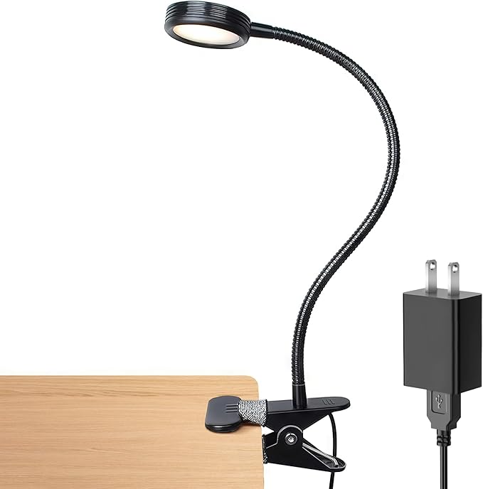 LEPOWER Clip on Light/Reading Lights/Book Light/Desk Lamp Color Changeable/Night Lights Clip on for Desk, Bed Headboard and Computers, Adapter Included (Black) Metal
