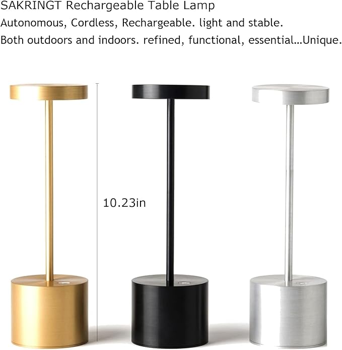 SAKRINGT Cordless Table Lamp Rechargeable, 5000mAh Battery Operated Portable Table Light,Dimming LED Table Lamp for Restaurant/Patio/Outdoor(Gold)