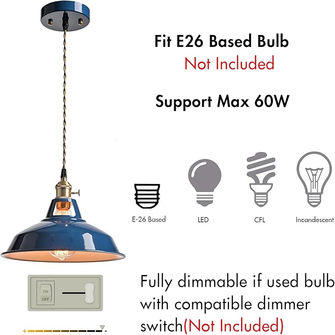 CLAXY Kitchen Pendant Light Blue Metal Barn Shade Modern Dimmable Pendant Lighting-Adjustable Hanging Light Fixture 10.63" for Kitchen Dining Foyer Loft Bar Coffee Restaurant