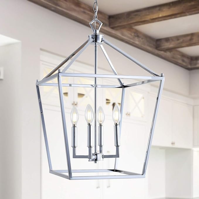 JONATHAN Y 16" Chrome Lantern Pendant Light, 1-Light Pagoda Style Metal Cage Farmhouse Hanging Ceiling Fixture for Kitchen Island, LED Bulb Included (JYL7437C)