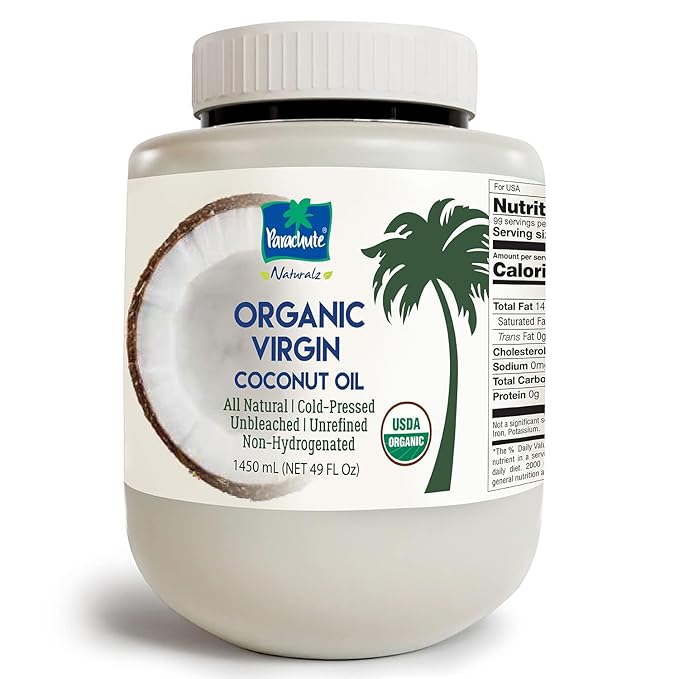 "Parachute Naturalz Huile de noix de coco vierge biologique | Huile de cuisson, huile capillaire, huile corporelle et oil pulling | Pressée à froid | Non blanchie | Non raffinée | Non hydrogénée | Huile TCM | Certifié USDA | 1,45 L | Pot en plastique"