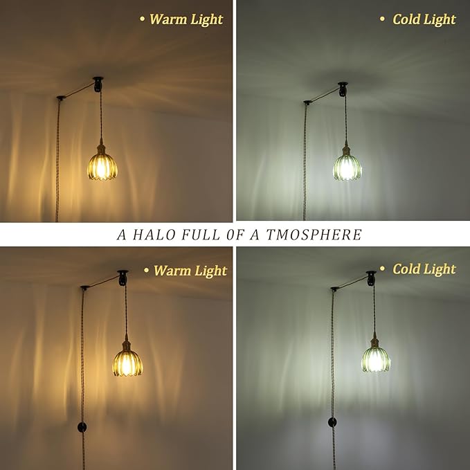 Shenmoyl Plug in Pendant Light Hanging Light Fixture Corded On/Off Switch Brass Pendant Light with Green Tulip Glass Lampshade for Bedroom Living Room Kitchen Island