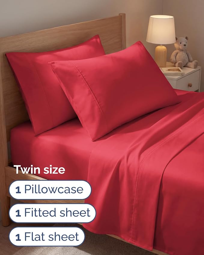Twin 4 Piece Sheet Set - Comfy Breathable & Cooling - Ultra Soft Hotel Luxury Bedding Set with 8-16 Inch Deep Pockets - 1 Flat & 1 Fitted Sheet & 2 Pillowcases - Cozy, Wrinkle Free & Easy Care - Red