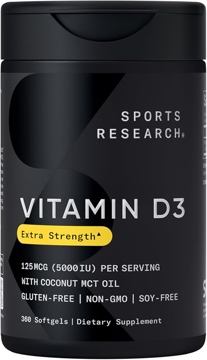 Sports Research® Vitamine D3 avec huile de noix de coco TCM - Complément de vitamine D3 haute puissance 5000 UI (125 mcg) pour le soutien immunitaire et osseux - Sans huile de graines - Sans OGM - Sans gluten (360 capsules molles liquides)