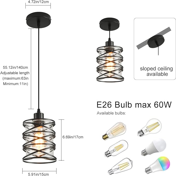 2 Pack Black Spiral Cage Pendant Lights with Clear Glass Shade, Suitable for Kitchen Island, Dining Table, Entryway, Restaurant