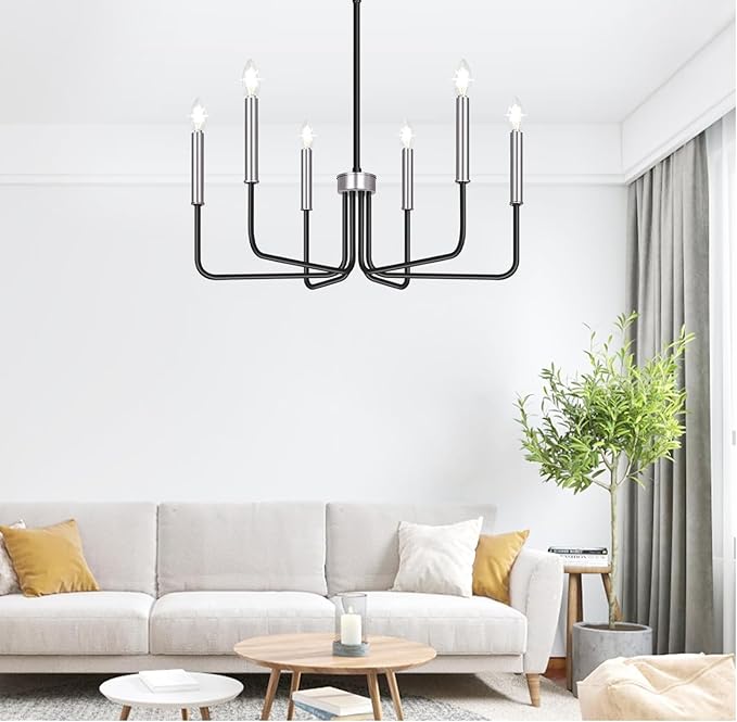 6-Light Farmhouse Chandelier for Dining Room Lighting Fixtures Hanging, Black and Silver Dining Light Fixtures Industrial Chandelier for Bedroom, Foyer, Hall, Kitchen, Living Room and Entryway