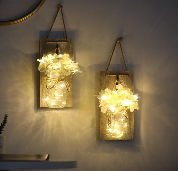 Lightess Mason Jar Wall Lights with Remote Control, Rustic Bedroom Wall Decor, Hanging Battery Powered Jar Sconce with LED Fairy Lights for Farmhouse Decor, SYA11 (Set of 2)