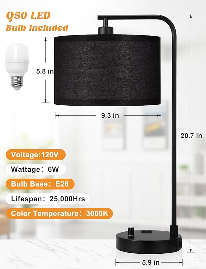 Innqoo Black Table Lamp for Bedroom with USB Port and Outlet, Dimmable Nightstand Bedside Lamps with Linen Lampshade, Desk Lamp for Home Office, Living Room, Guest Room, LED Bulb Included