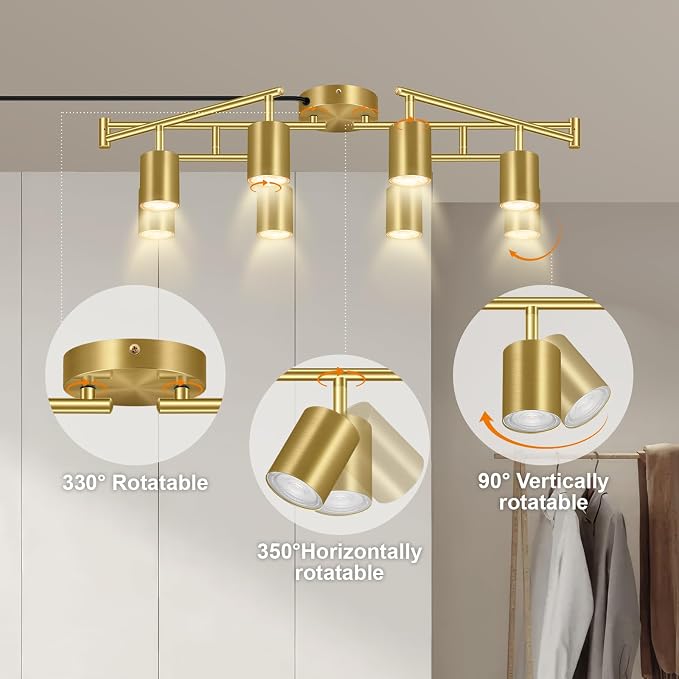 Plug in Track Lighting LED, Track Lighting Fixtures Ceiling, Gold 8-Light Kitchen Light Kit, Plug in Wall Light with 14.8ft Power Cord, Rotatable Ceiling Spotlight for Bedroom(GU10 Socket, NO Bulb)