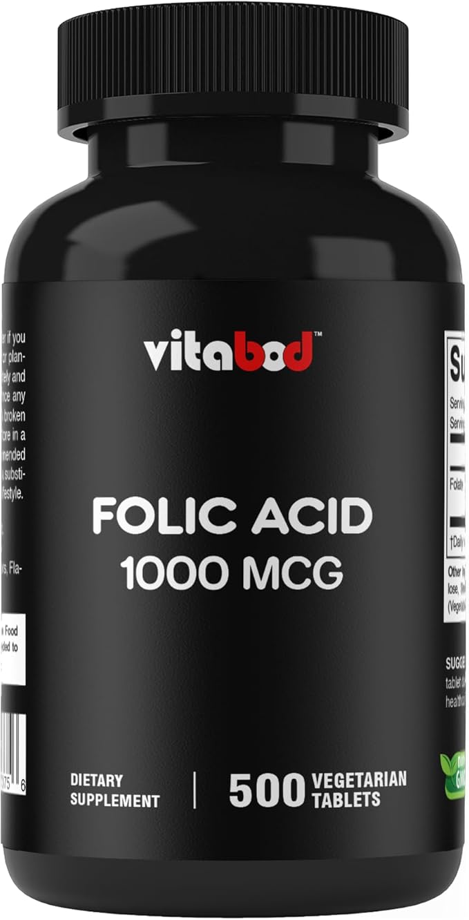 Vitabod Folic Acid 1 mg (1000 mcg) (Vitamin B9) - 500 Vegetarian Tablets - an Essential Prenatal and Postnatal Vitamin