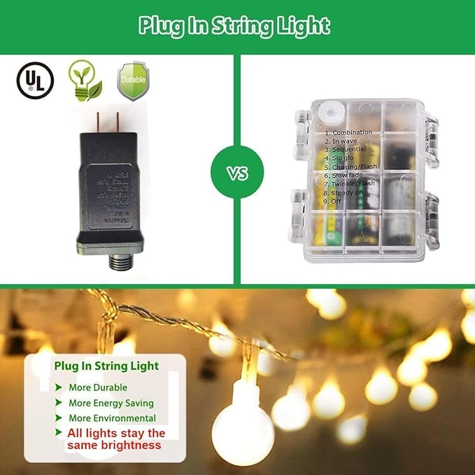 RaThun 65.6ft Warm White Globe String Lights, 150 LED with 16ft Extended Lead Wire & Remote, 8 Modes, IP44 Waterproof Plug in Linkable Lights for Outdoor Indoor Party Wedding