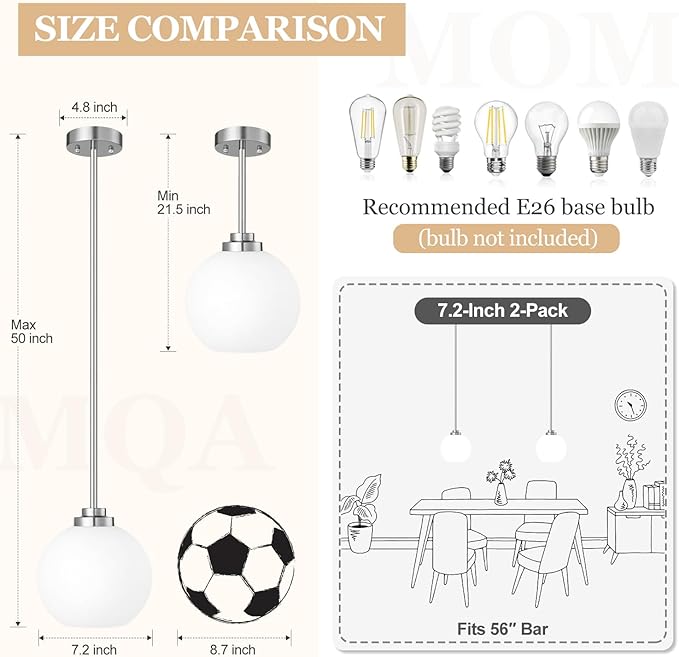 2 Pack 22"-50" Height Adjustable Glass Pendant Lights Kitchen Island, Globe Brushed Nickel Pendant Lights with Milk Glass Shade, Mid Century Pendant Light Fixtures Kitchen Pendant Lighting over Island