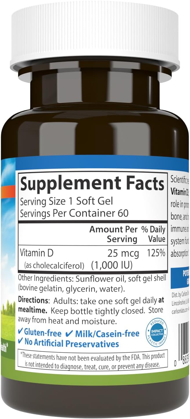 カールソン - ビタミンD3、1000IU（25mcg）、骨の健康、筋肉の健康、コレカルシフェロール、ビタミンDサプリメント、ビタミンD3ソフトジェル、60ソフトジェル