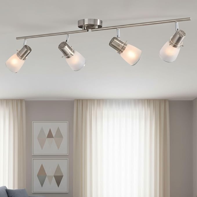 4-Light Track Lighting Kit, Brushed Nickel Flush Mount Ceiling Light Fixture with Frosted Glass Shades, Foldable Arms with E26 Adjustable Heads Spotlight, ETL Listed (35.6 inch)