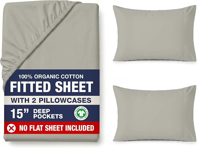 LANE LINEN King Fitted Sheet, 100% Organic Cotton, 3-Piece Set (1 Fitted Sheet,2 Pillowcases), Percale Weave, Ultra Soft, Breathable,Fits Mattress Upto 15" Deep - Silver (No Flat Sheet)
