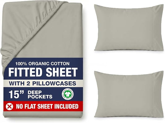 LANE LINEN King Fitted Sheet, 100% Organic Cotton, 3-Piece Set (1 Fitted Sheet,2 Pillowcases), Percale Weave, Ultra Soft, Breathable,Fits Mattress Upto 15" Deep - Silver (No Flat Sheet)