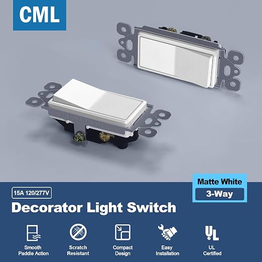 CML 3 Way Matte White Decorator Paddle Rocker Wall Light Switch, Single Pole or Three Way, 15A 120/277V, On/Off Interrupter, UL Listed, 20 Pack
