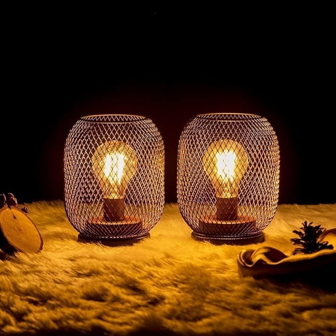 Set of 2 Battery Operated Lamp LED Table Lantern, Brown Metal Cage Cordless Lamps with LED Bulb，Vintage Decorative Outdoor Lantern for Weddings, Parties, Patio, Events for Indoors Shelf Decor