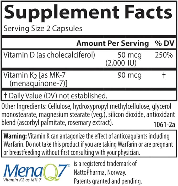 Carlson - Vitamine D3 + K2, 50 mcg (2000 UI) Vitamine D3 & 90 mcg Vitamine K2 sous forme de MK7, Soutien Osseux, Absorption du Calcium, 60 Gélules