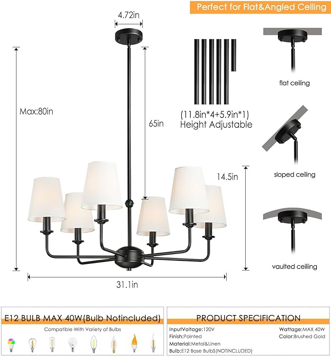 6-Light Black Pendant Chandelier with Fabric Shades, E12 Base - Farmhouse & Industrial Style for Kitchen, Living Room, Dining Room, or Bedroom Lighting